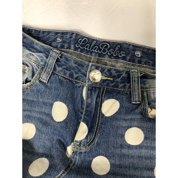 Lala Bobo Womens 27x29 Blue Denim Jeans Polka Dots Tapered Leg Loud Fun - Picture 8 of 8
